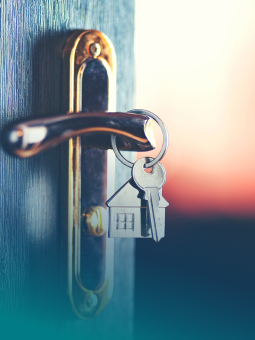 Door with key chain hanging from handle