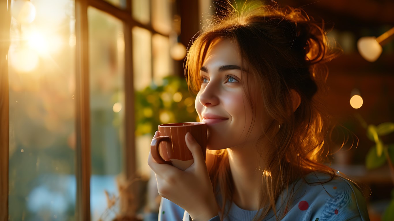 Person looking out a window holding a mug to their mouth