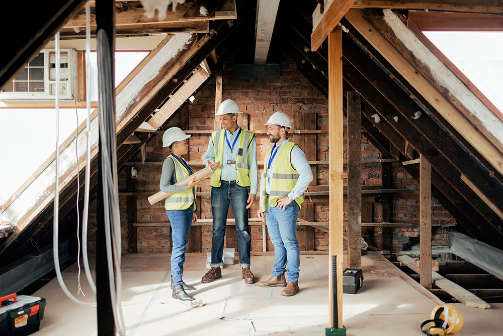 Three people in safety equipment reviewing an improvement project