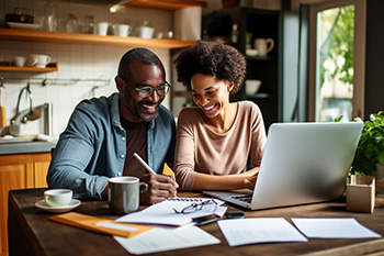 Two people sat at a desk looking at a laptop